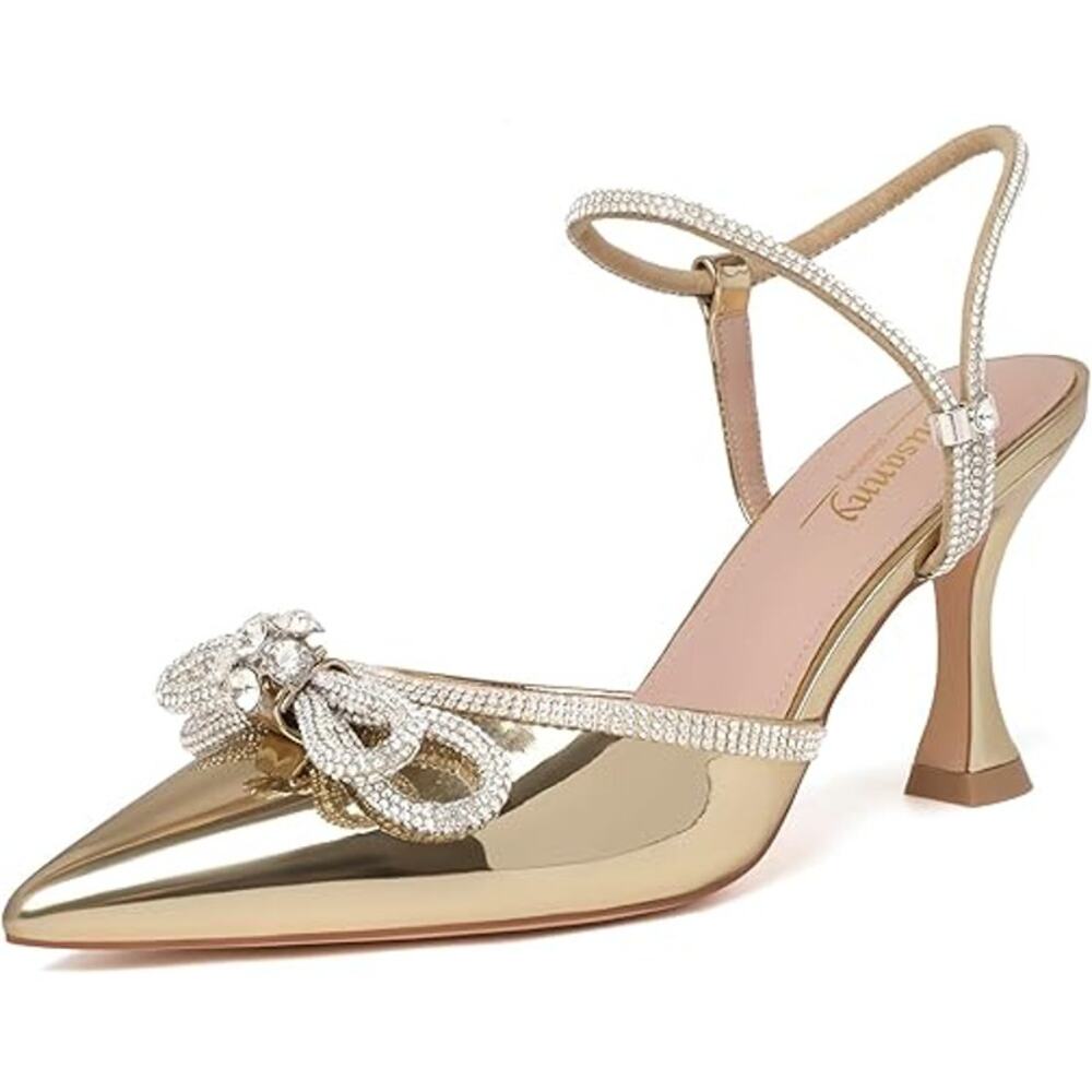 Susanny Womens 9 Shiny Gold Closed Toe Rhinstone 3.5" Heel Ankle Strap Shoes